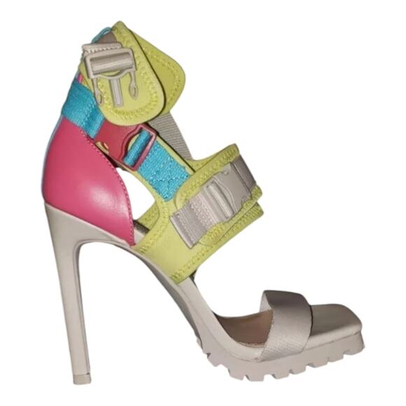STEVE MADDEN Vibing Vegan Leather Sandal In Multi Square TOE PINK YELLOW 7.5 NEW - Picture 7 of 11